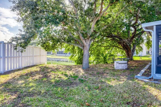 a view of a yard with large trees and wooden fence