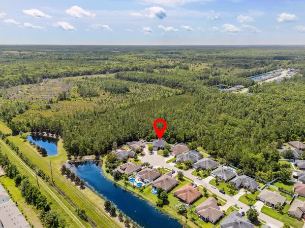 a view of a lake with houses in the background