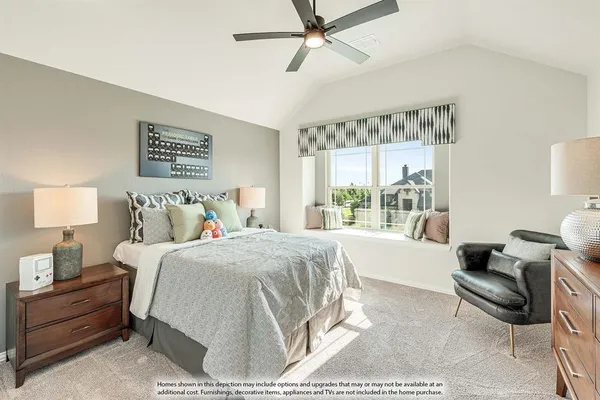 a spacious bedroom with a bed and a large window