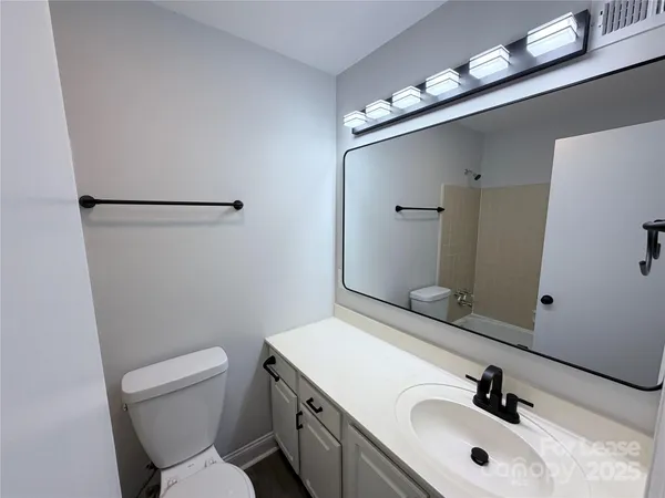 a bathroom with a sink a toilet a mirror and vanity