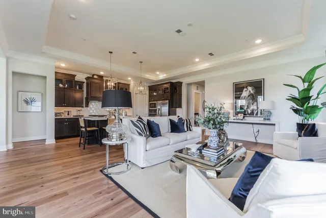 a living room with furniture hard wood floor and a kitchen view