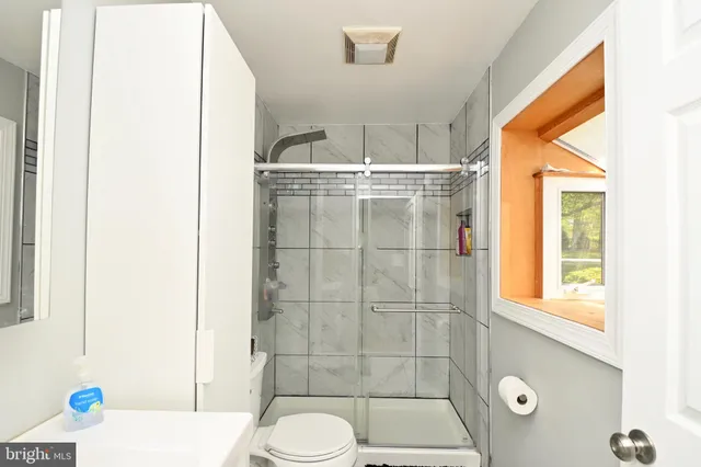 a bathroom with a shower a toilet and sink