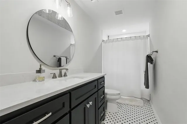 a bathroom with a sink a toilet a shower and a mirror