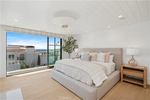 a spacious bedroom with a large bed and a large window