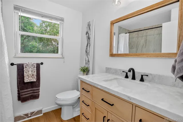 a bathroom with a toilet a sink a vanity and mirror