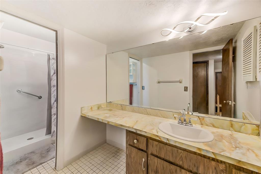 4707 East Temple Heights Road Tampa, FL 33617 - Photo 16 of 54 a bathroom with a granite countertop sink shower and a mirror