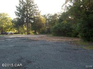 a view of dirt field with trees in the background