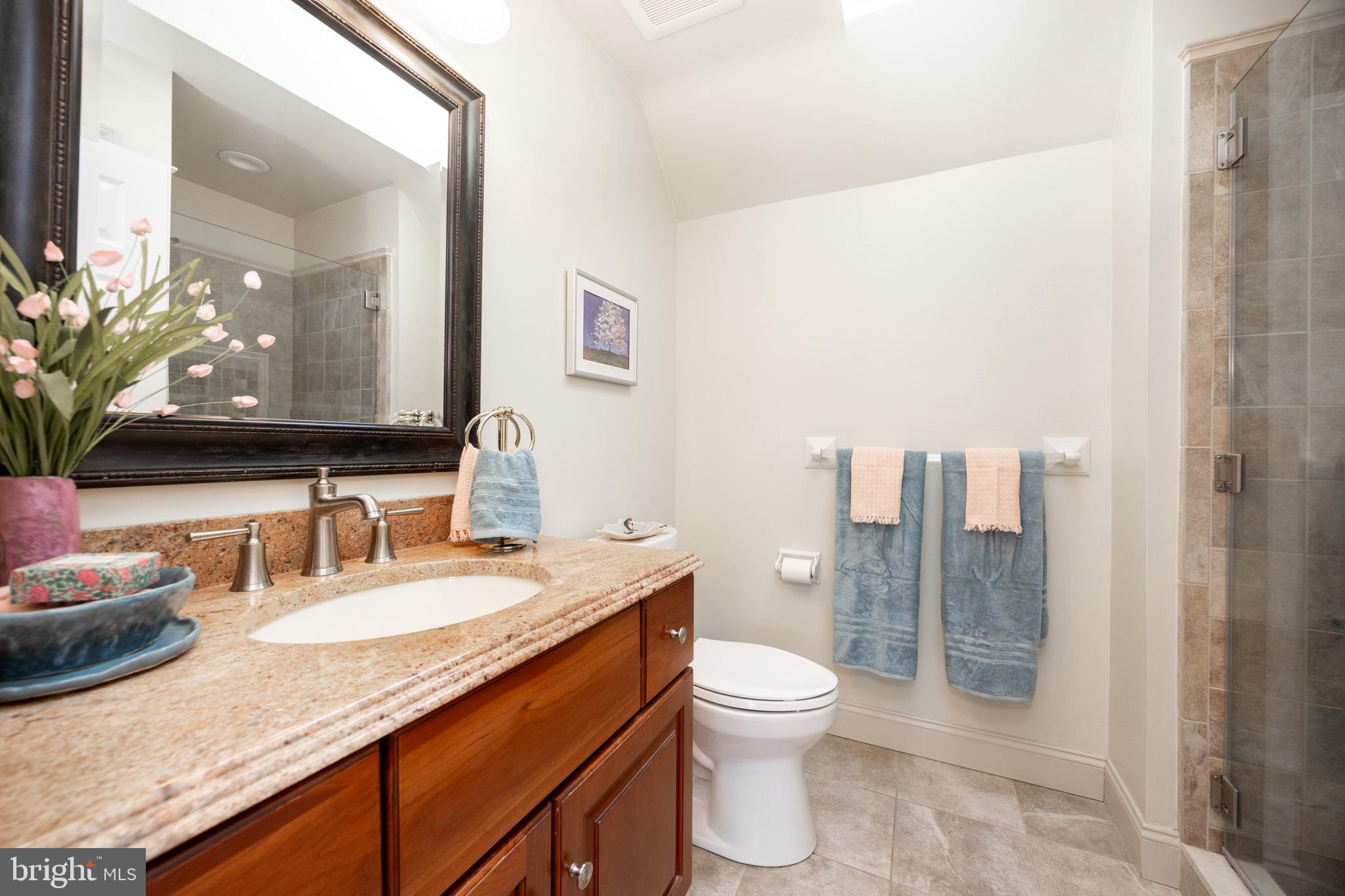 2220 Bodine Road Malvern, PA 19355 - Photo 57 of 86 a bathroom with a granite countertop sink a toilet and a mirror
