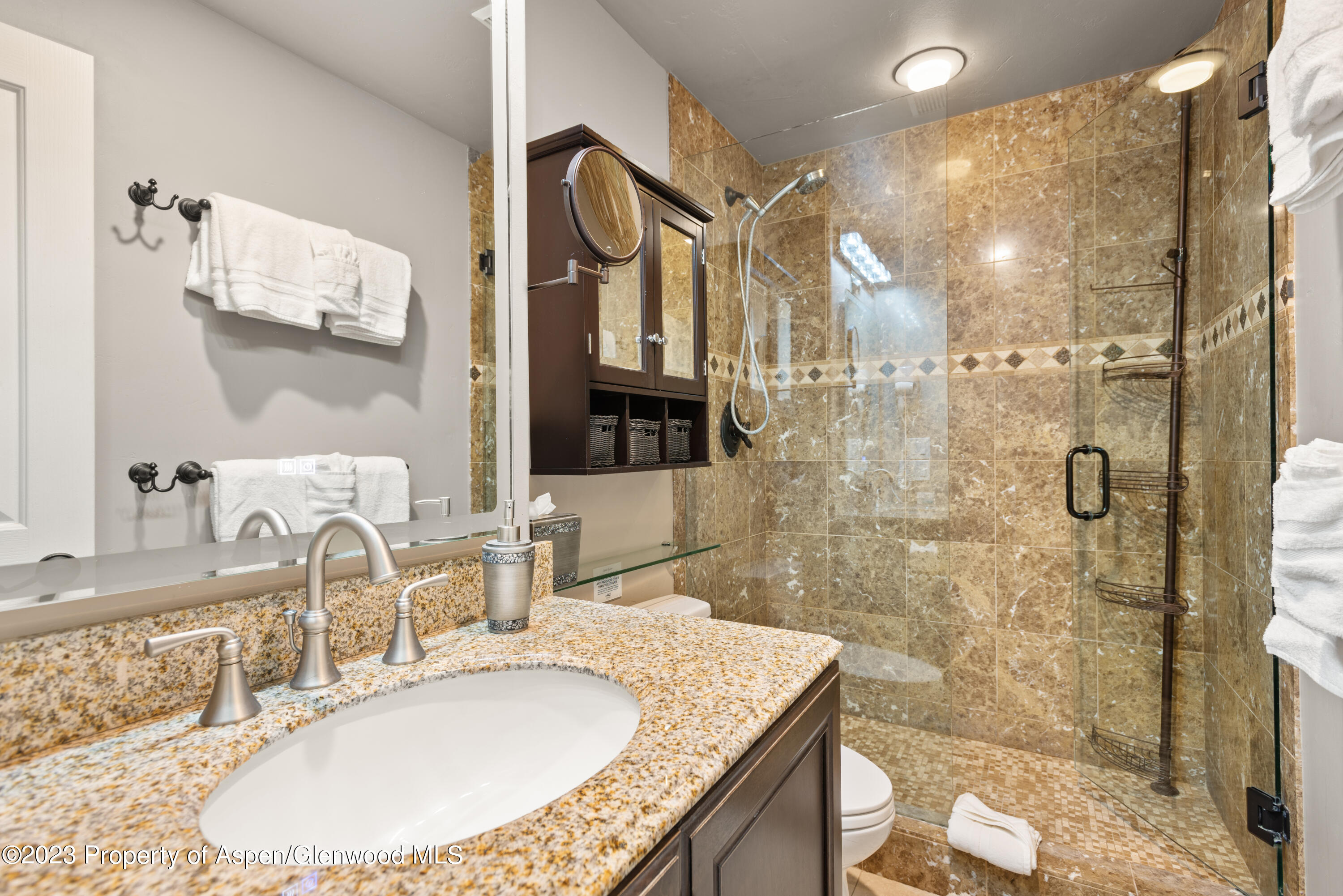 711 South Galena Street, Unit 20D Aspen, CO 81611 - Photo 16 of 26 a bathroom with a granite countertop shower a sink and a mirror