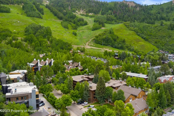 an aerial view of residential houses with outdoor space and trees