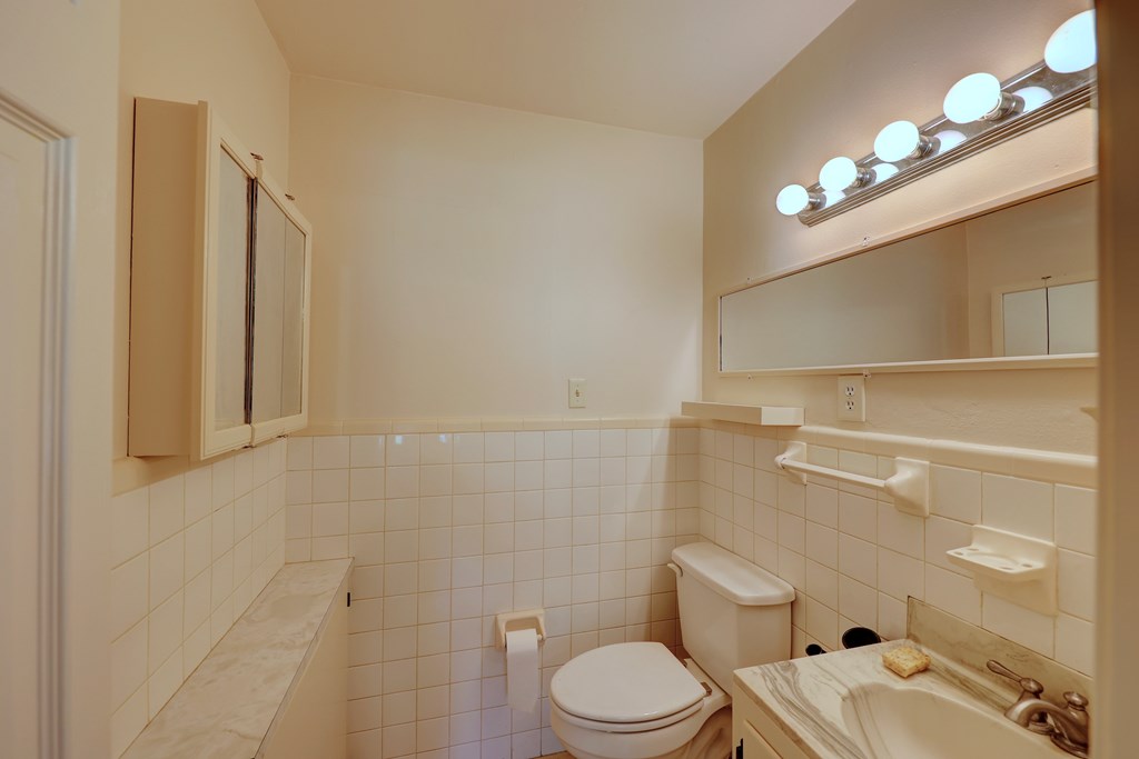 206 Austin Street Ingram, TX 78025 - Photo 16 of 18 a white toilet sitting next to a bathroom sink and a shower