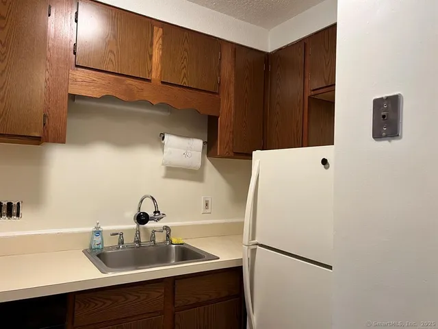 a kitchen with a sink and a refrigerator