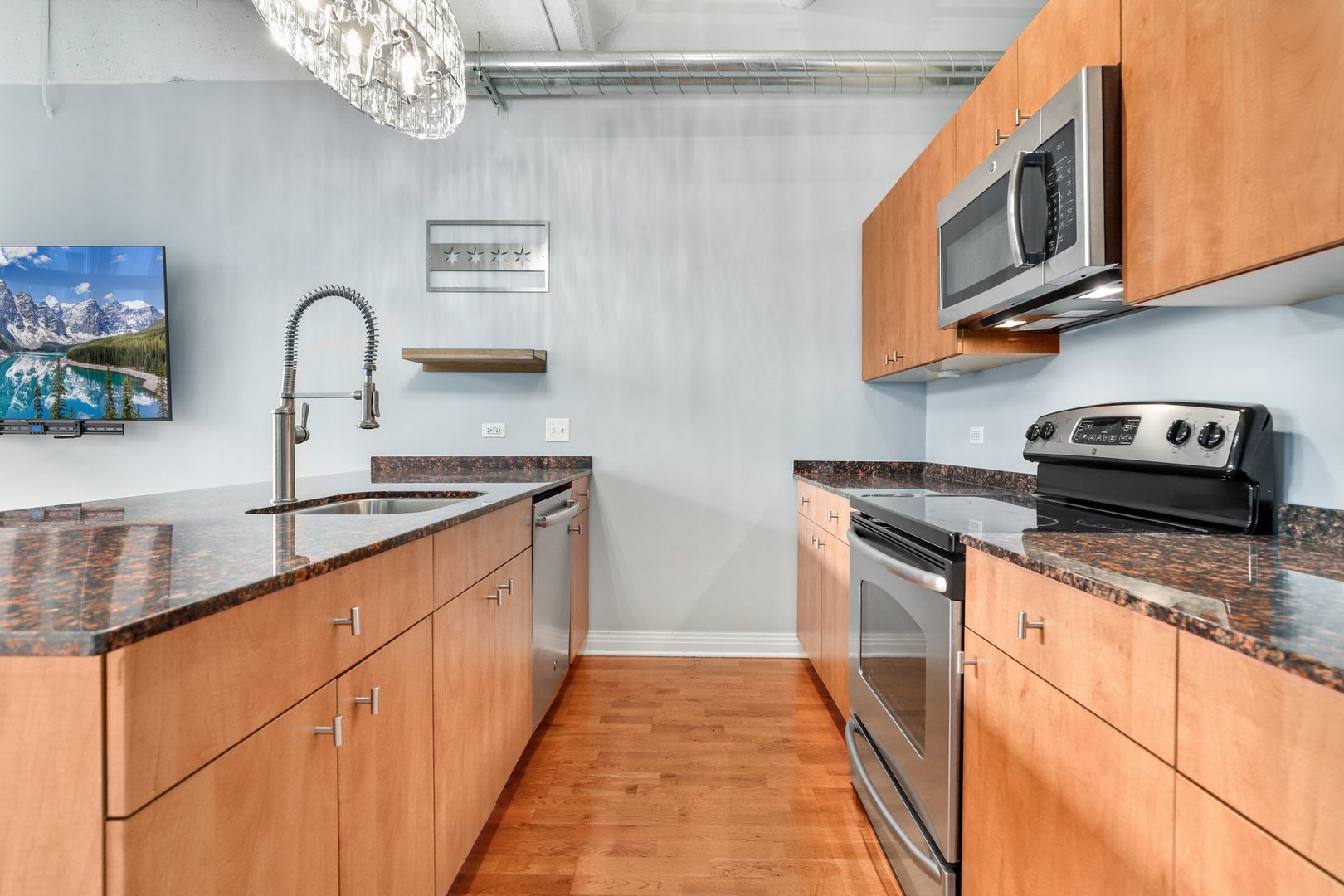 565 West Quincy Street, Unit 717 Chicago, IL 60661 - Photo 12 of 37 a kitchen with stainless steel appliances granite countertop a sink and cabinets