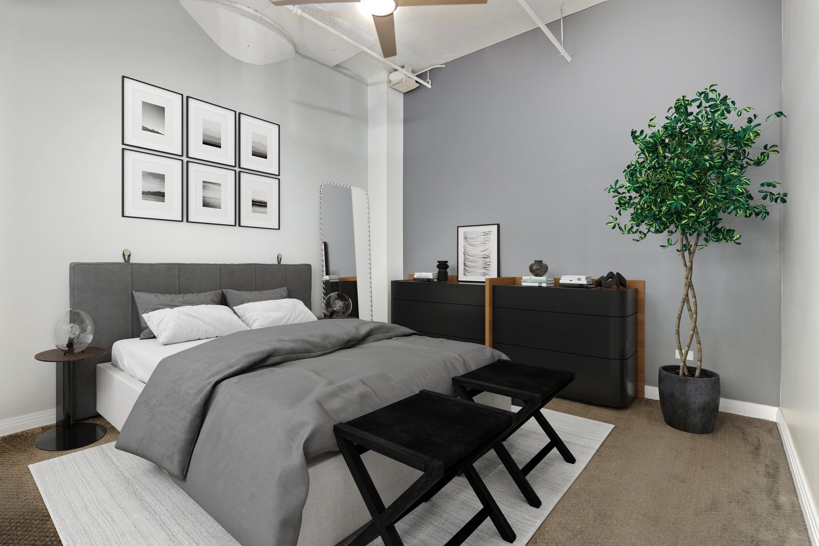 565 West Quincy Street, Unit 717 Chicago, IL 60661 - Photo 19 of 37 a bed room with a bed furniture and a potted plant