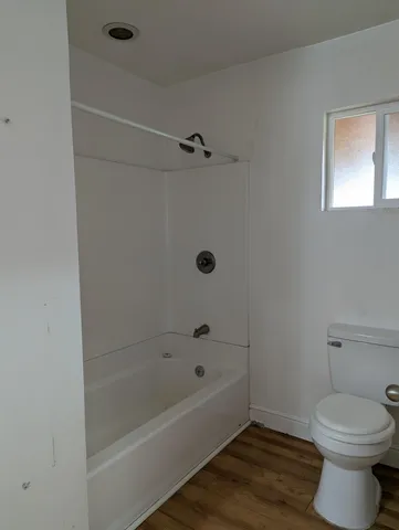 a bathroom with a toilet and a bathtub