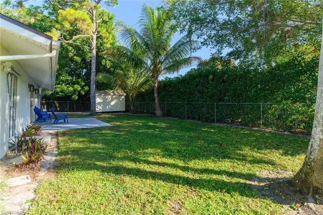 a view of backyard with table and chairs and potted plants
