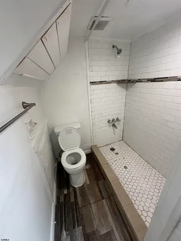 a bathroom with a toilet and a shower