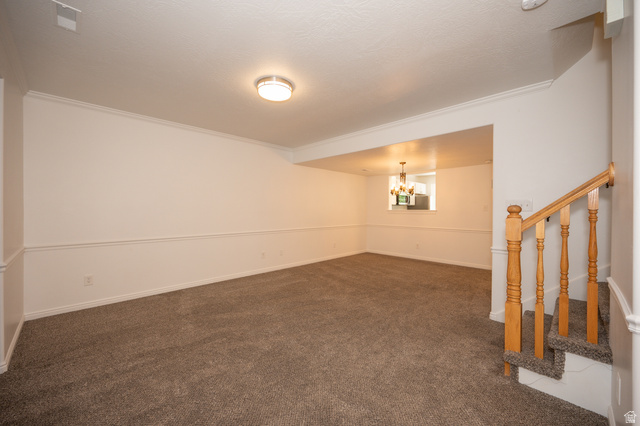 1799 West 1110th Street North Provo, UT 84604 - Photo 4 of 24 Spacious lower-level room featuring neutral-toned carpeting, white walls with chair rail molding, and a flush-mount ceiling light