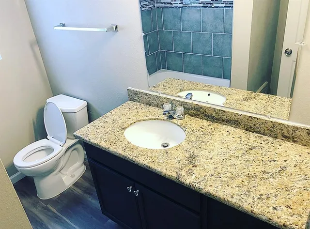 a bathroom with a granite countertop toilet sink and mirror
