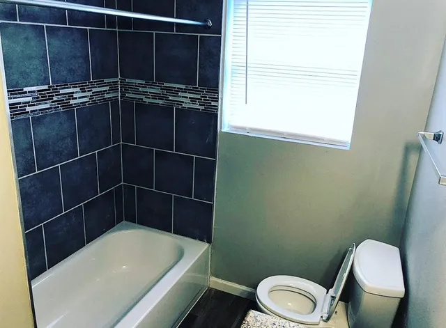 a bathroom with a toilet and a bathtub