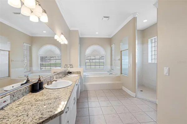 a large bathroom with a granite countertop tub a double vanity sink a vanity and a large mirror