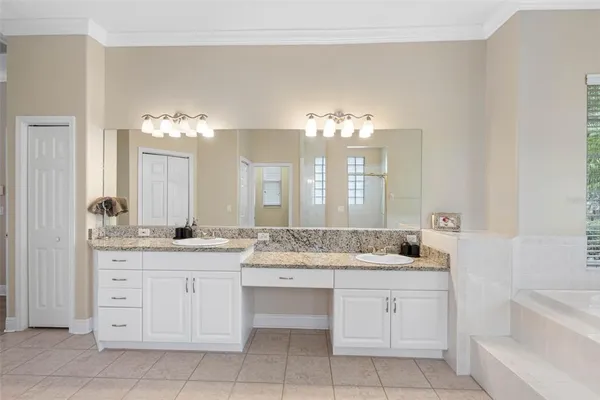 a bathroom with a granite countertop sink a toilet a large mirror and a bathtub