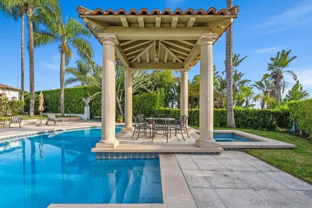 a view of a swimming pool with outdoor seating