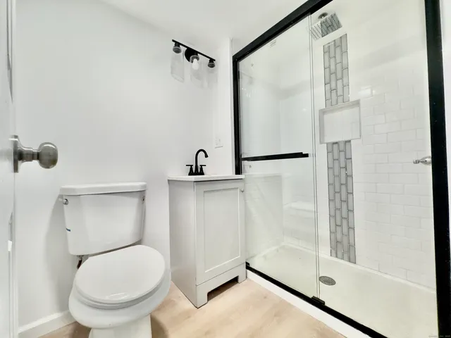 a bathroom with a shower and a toilet