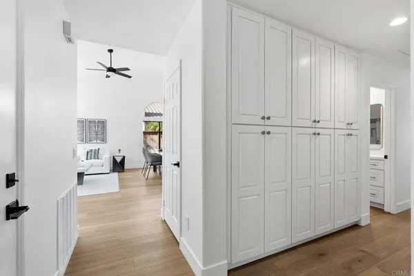 a view of a park with large trees