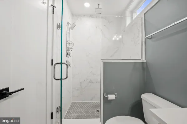 a bathroom with a shower and toilet