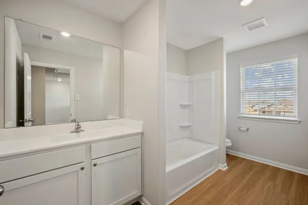 a bathroom with a bathtub sink vanity and a mirror