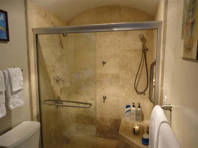 a bathroom with a shower and a glass door