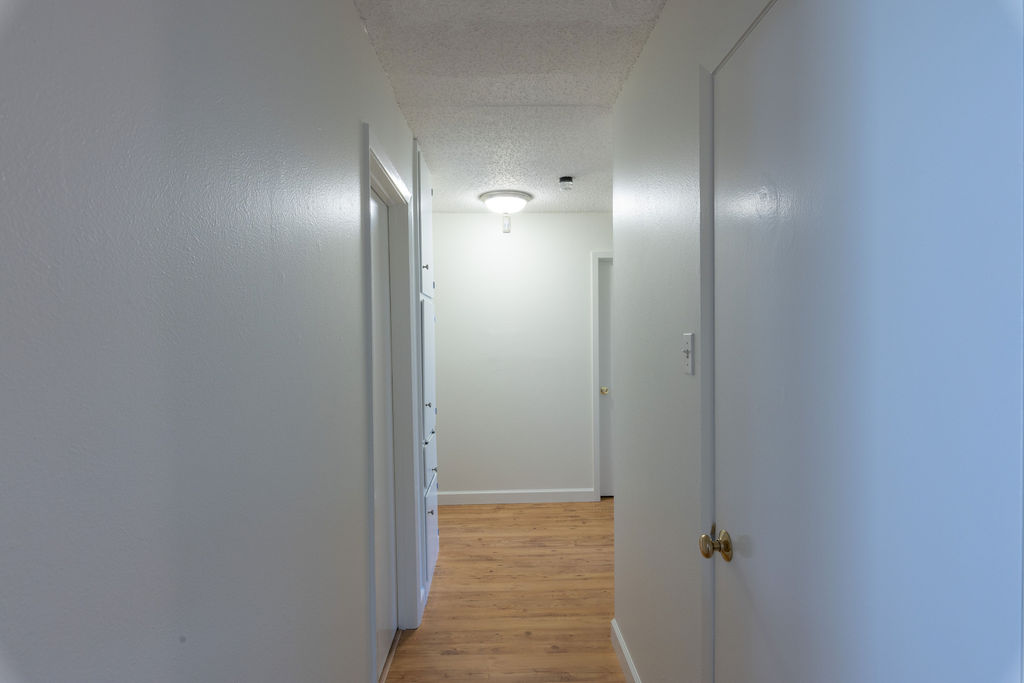 5310 Presidio Road Austin, TX 78745 - Photo 13 of 34 A well-lit hallway with natural wood-look flooring connects various living spaces.