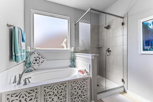 a bathroom with a bathtub and a shower