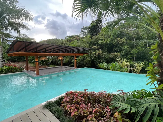 a view of a garden with a fountain
