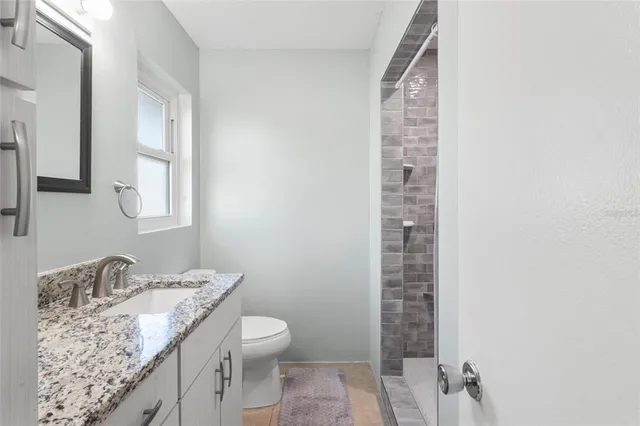 a bathroom with a granite countertop sink toilet and shower