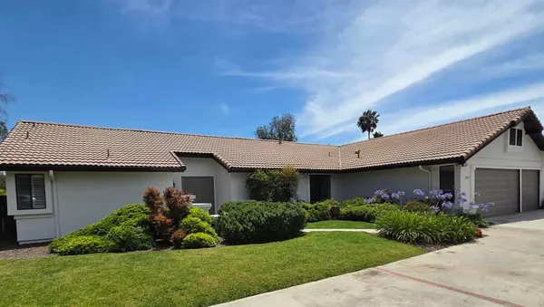a view of a house with a yard and potted plants