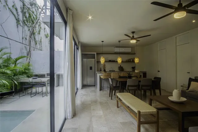 a view of a dining room with furniture