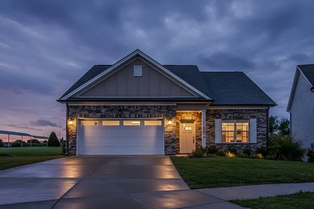 a front view of a house with a yard and garage