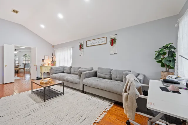 a living room with furniture and a potted plant