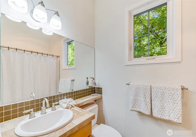 a bathroom with a sink vanity mirror and a toilet