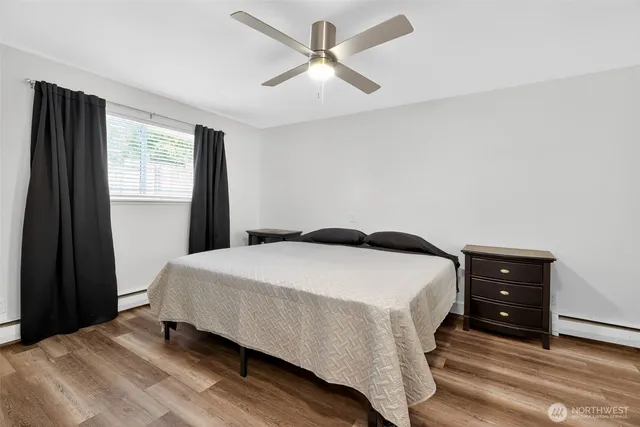 a bedroom with a bed and a closet