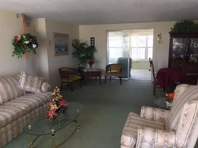a living room with furniture plant and a window