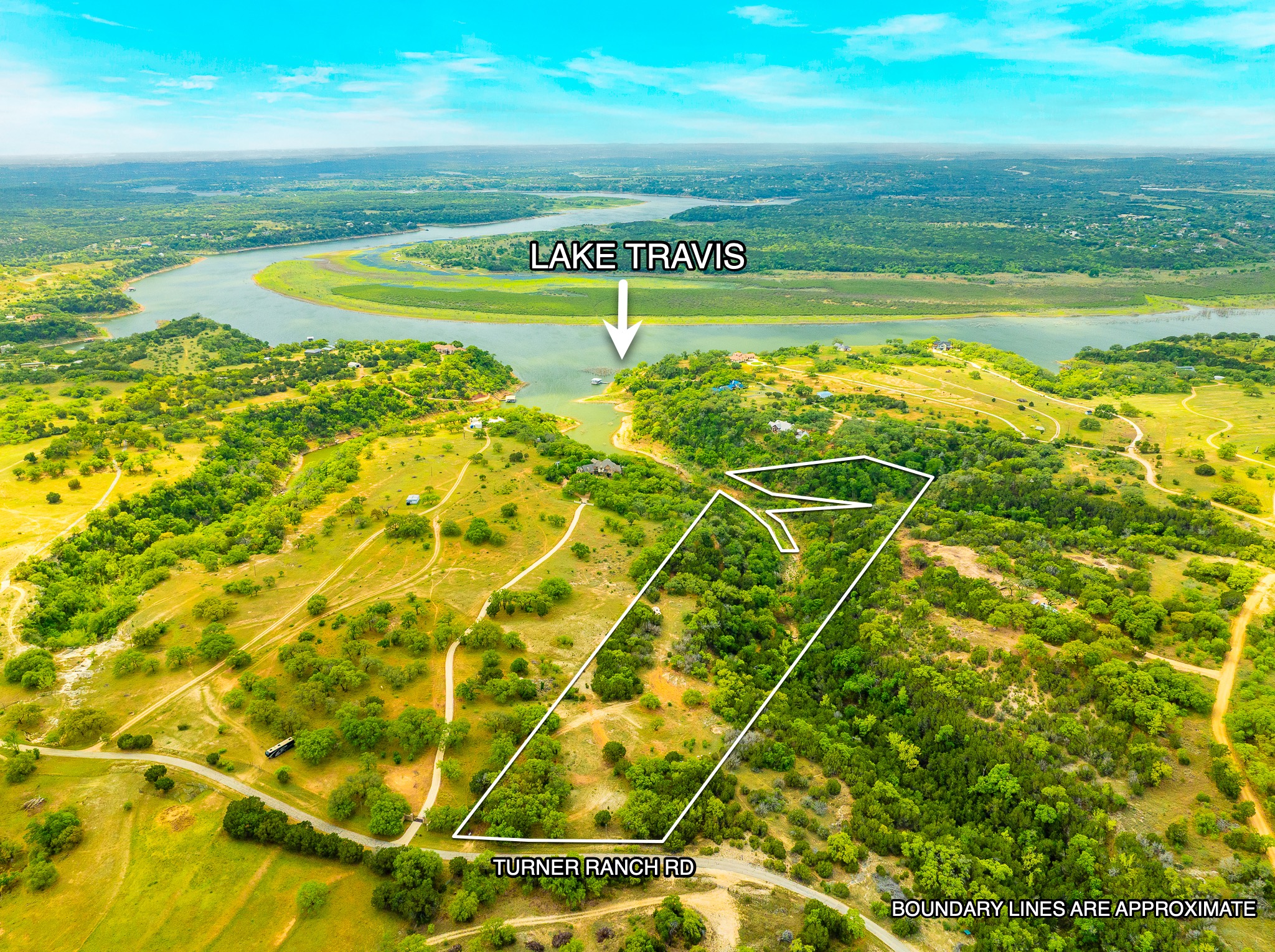 28205 Turner Ranch Road Marble Falls, TX 78654 - Photo 4 of 39 Aerial view of property's location with property boundaries highlighted and a large body of water