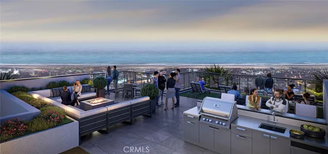 an outdoor living space with furniture and city view