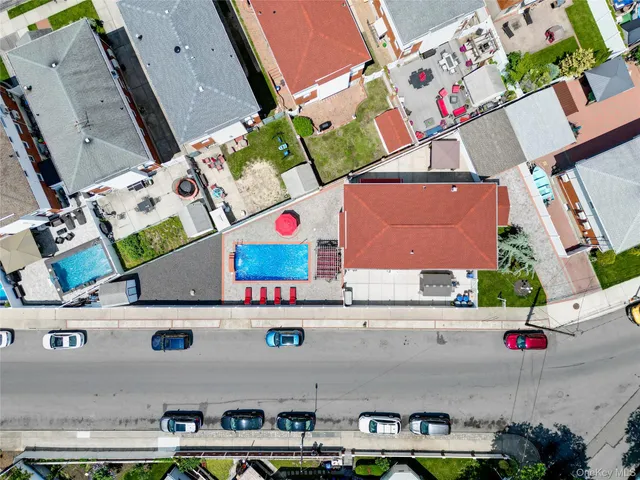 an aerial view of a building with outdoor space