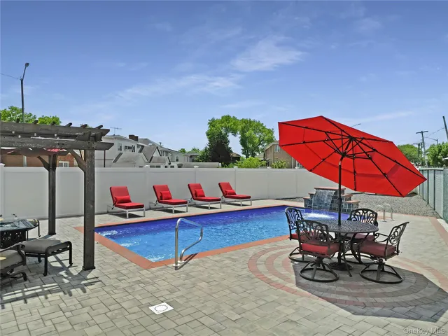 an outdoor space with seating