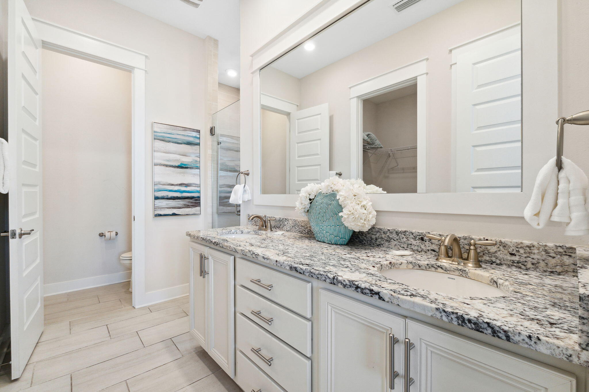 117 West W Pine, Unit C Inlet Beach, FL 32461 - Photo 19 of 45 a bathroom with a granite countertop sink and a mirror