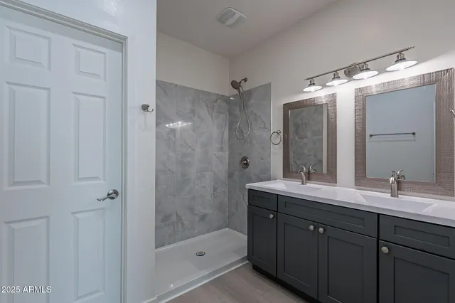a bathroom with a double vanity sink mirror and shower