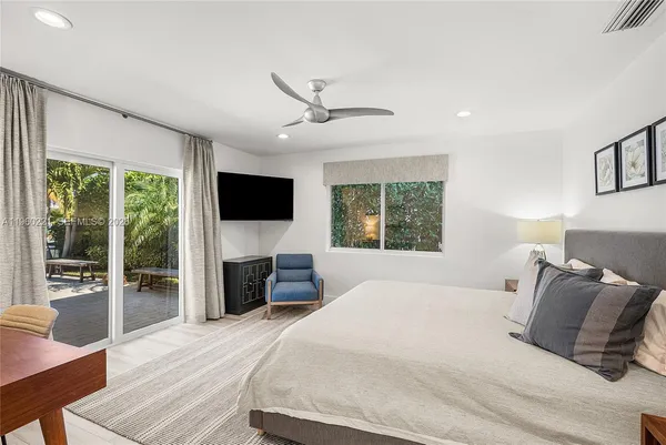 a bedroom with a large bed and a flat screen tv